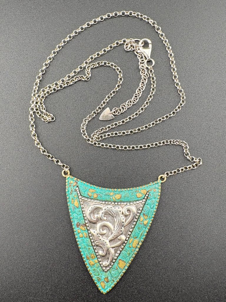 2" Silpada "Patina Shield" Sterling Silver & Brass Necklace 22" To 25" - N3018